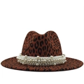 Cappello fedora in lana leopardato con fascia decorativa di perle bianche eleganti - M (56-58cm) / Borgogna