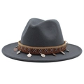 Detail of dark grey fedora with ethnic woven band and retro metallic coin pendants - Dark Gray