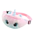 Detailed view of plush unicorn waist bag with colorful fur and adjustable pink strap - Colorful