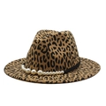 Stylish leopard print fedora with elegant white pearl decorative band on white background - One Size / Light Orange