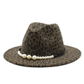 Leopard print wool fedora hat with elegant pearl embellishments and black ribbon trim - One Size / Army Green