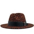 Classic leopard print wool fedora hat with black leather band and silver metal buckle - M (56-58cm) / Burgundy