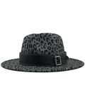 Classic wide brim wool fedora hat featuring a stylish grey leopard print and leather belt - M (56-58cm) / Dark Gray