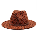 Classic leopard print wool fedora hat with flat brim and brown faux leather buckle belt - M(56-59CM) / Orange Red