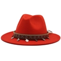 Classic red wool fedora hat with ethnic woven band and silver coin charms on white background - Orange Red