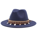 Navy blue wool jazz hat detail with ethnic braided band and vintage metal pendants - Navy Blue