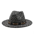 Detail of leopard print jazz hat featuring grey felt fabric and studded leather band - Dark Grey Leopard