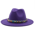 Detail of dark purple fedora with colorful ethnic beaded band and woven texture - M (55-58cm) / Purple
