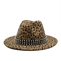 Detailed view of leopard print fedora hat with elegant pearl and rhinestone hatband trim - M(56-59CM) / Light Orange