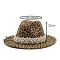 Leopard print wool fedora hat with pearl band and 8cm wide brim for women and men - Light Orange
