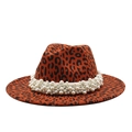 Leopard print wool fedora hat with wide pearl band decoration and flat brim - Orange Red