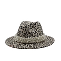 Detail of leopard print fedora hat featuring multiple layers of pearl beaded hatband - Beige