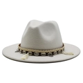 Detail of off-white wool fedora hat featuring bohemian shell and tassel headband decorations - White