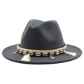 Detail of dark gray wool fedora featuring ethnic braided band with shells and coins - Dark Gray