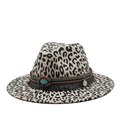 Classic leopard print wool fedora hat with ethnic beaded band and turquoise stone detail - M(56-59CM) / Beige
