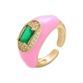 Pink enamel gold ring with green rectangle gemstone and white zircon halo detailing - Pink