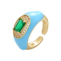 Adjustable gold ring with blue enamel and green gemstone with crystal halo - Blue