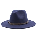 Classic dark blue wide brim wool fedora with brown vintage leather band and metal studs - Navy Blue