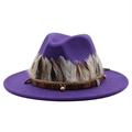Detail of purple fedora hat featuring layered feathers and bohemian beaded hatband - M (55-58cm) / Purple