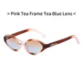 Pink cat-eye sunglasses with tea-blue gradient lenses and elegant gold logo temples - Pink Tea Frame Tea Blue Lens