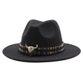 Black wool felt wide brim fedora hat with bohemian woven band and silver bull skull - M (55-58cm) / Black