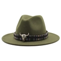 Detail of wool fedora hat featuring ethnic patterned band and silver bull skull ornament - Army Green