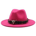 Detail of hot pink fedora featuring a tribal woven band and silver bull skull ornament - Rose Red