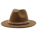 Detail of a brown wool fedora hat featuring colorful beads and rhinestone band decoration - Light Coffee