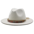 Detail of bohemian fedora hat featuring beaded bands and metallic pendant on wool felt - White