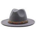 Detail of light gray wool jazz hat with ethnic beaded trim and woven rope band - Light Gray