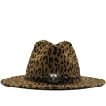 Leopard print wide brim fedora hat with bull head metal piece and beaded cord band - Dark Khaki Leopard