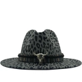 Detailed close-up of leopard print fedora with ethnic woven band and metal bull head - M(56-58cm) / Gray