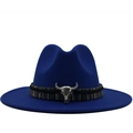 Royal blue wool western cowboy hat with ethnic woven band and silver bull skull buckle - M (56-58cm) / Blue