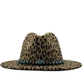 Cappello fedora in lana leopardata con tesa larga e fascia con perline turchesi - M (56-58cm) / Cachi
