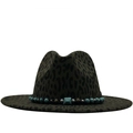 Cappello Fedora in lana leopardato a tesa larga con fascia decorativa in turchese e metallo - M (56-58cm) / Verde