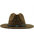 Chapeau fedora léopard à large bord avec bandeau bohème en turquoise sur fond blanc - Khaki Foncé