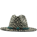 Chapeau fedora en laine léopard à large bord avec ruban perlé turquoise bohème - Poche zippée