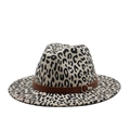 Close-up of leopard print fedora hat with brown leather band and metal buckle detail - M(56-59CM) / Beige