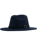 Detail of navy blue wool fedora hat featuring a black fabric band and silver metal ring - M (56-58cm) / Navy Blue