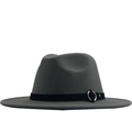 Detail of dark grey wool fedora hat featuring flat brim and silver ring ornament - M (56-58cm) / Gray
