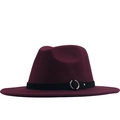 Detail of burgundy wool fedora hat featuring a black band with silver metal ring buckle - M (56-58cm) / Burgundy