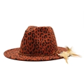 Orange leopard print wool fedora hat with flat brim, brown string and feather detail - Orange Red