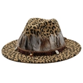 British style wool leopard print fedora hat with ethnic band and feather decoration - Light Orange
