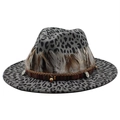 Classic gray leopard print wool jazz fedora hat with ethnic feather and coin band - Dark Gray