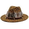 British style leopard print wool fedora hat with bohemian feathers and ethnic band - Dark Orange