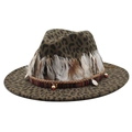Leopard print wool fedora hat with ethnic feather trim and beaded decorative band - Army Green