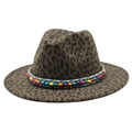 Leopard print fedora hat with colorful hand-woven beaded band on a white background - M (56-59cm) / Army Green