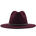 Classic burgundy fedora wool hat with decorative metal rivet band and flat wide brim - Burgundy