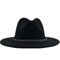 Detail of black fedora hat with brown metal studded band and wide flat brim style - Black
