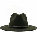 Classic dark green wool fedora hat with wide flat brim and metallic studded band detail - M (56-58cm) / Green